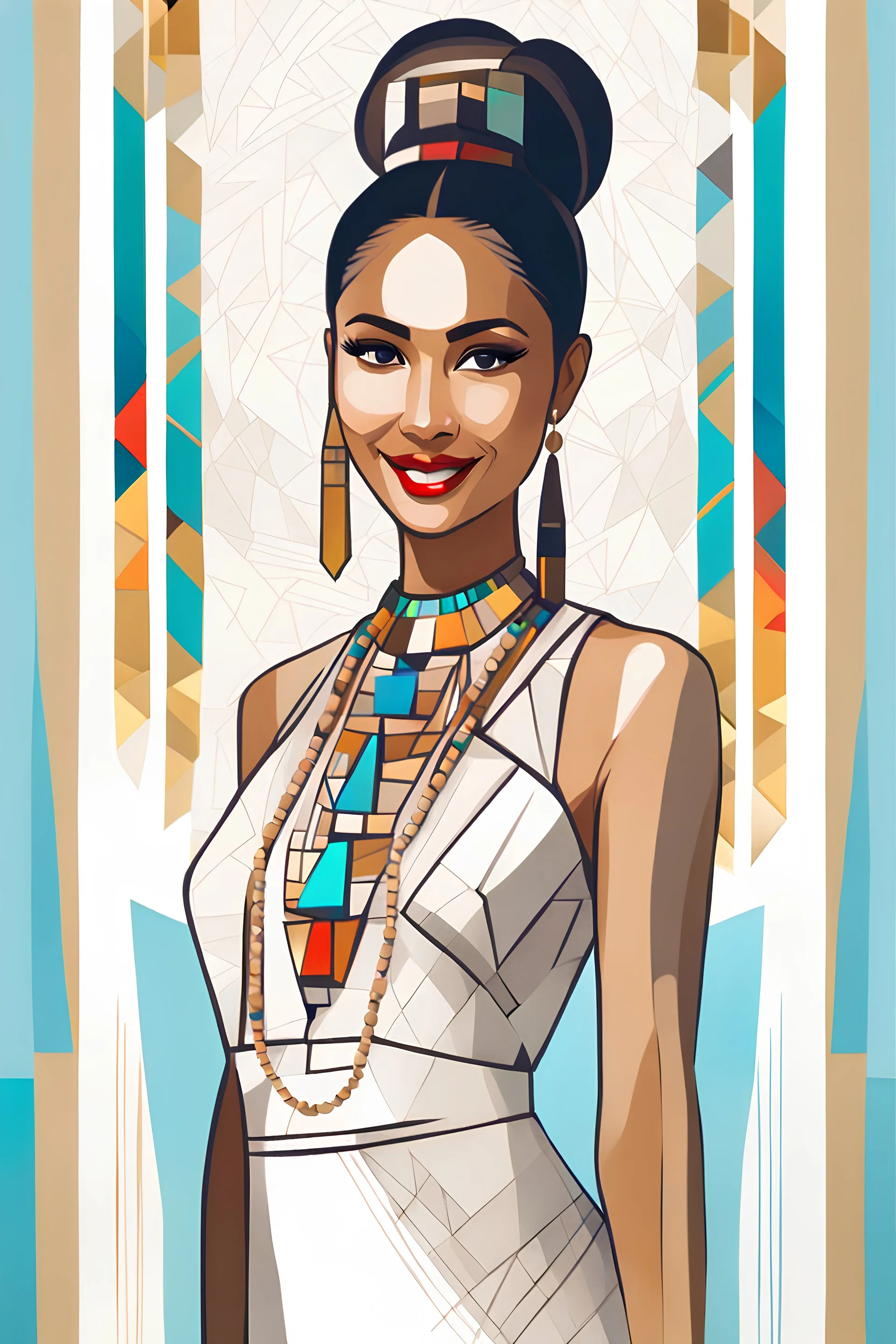 RGB drawn sketch, cubism style, grainy, use shadows and shading, visible pencil strokes, an Indonesian woman with striking eyes, white tribal dress, low cut top, native necklaces, visible skin texture, slim and pale tanned-skinned native Indonesian woman, hair in a bun, Bokeh background, golden ratio. Supermodel beautiful and smiling, facing the camera