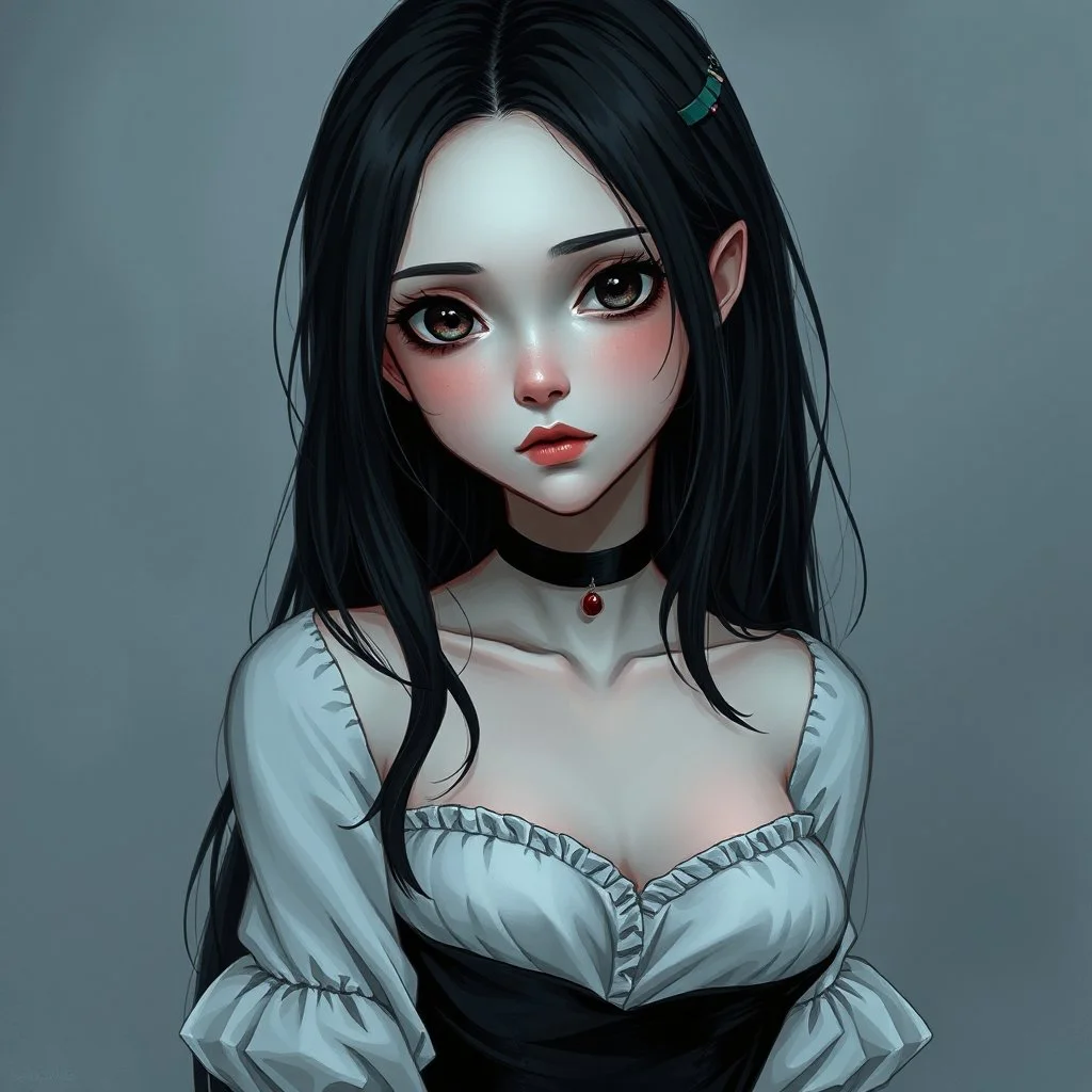 a pretty girl, 14 years old, black hair, vampire, realism, stylised, serana