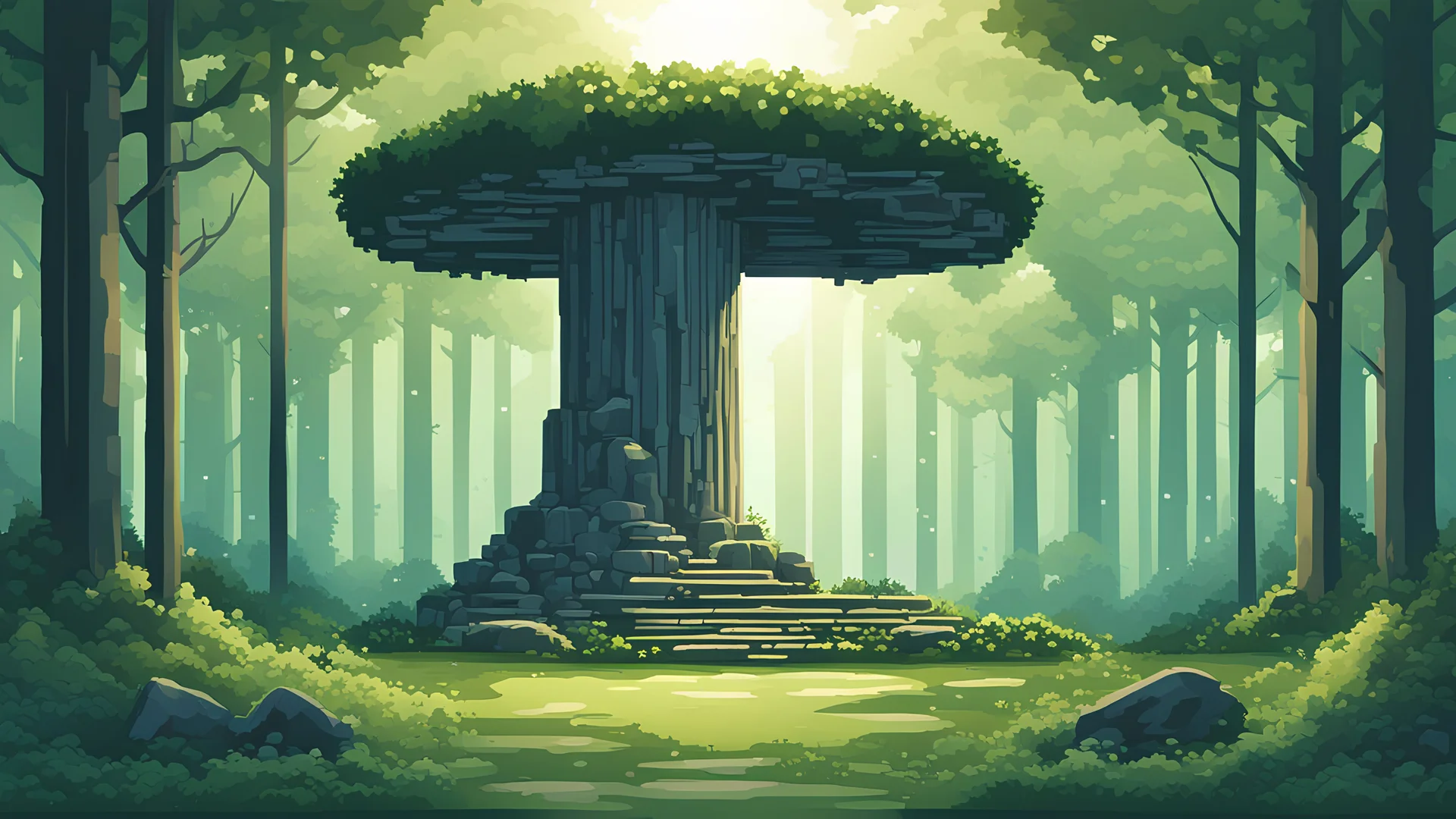 The poster presents a serene forest scene in minimalist pixel art, capturing the essence of the Celtic landscape. A solitary dolmen stands amidst a sea of lush green trees, its ancient stones rendered in simple yet evocative detail. Shafts of sunlight filter through the canopy, casting dappled patterns on the forest floor.