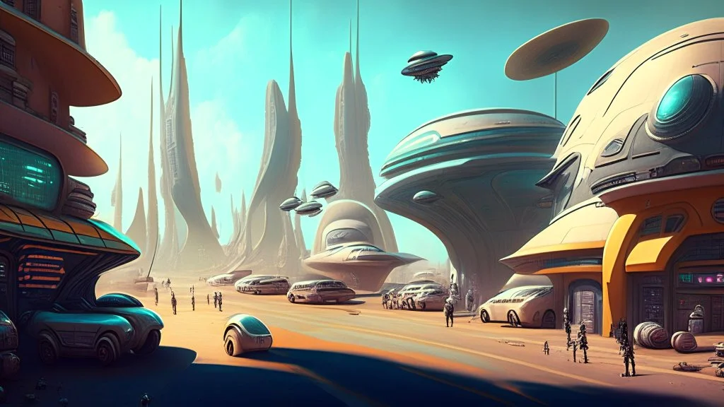 shot from ground level, a busy alien town, with many people, alien buildings, curved roads, vehicles, and spaceships