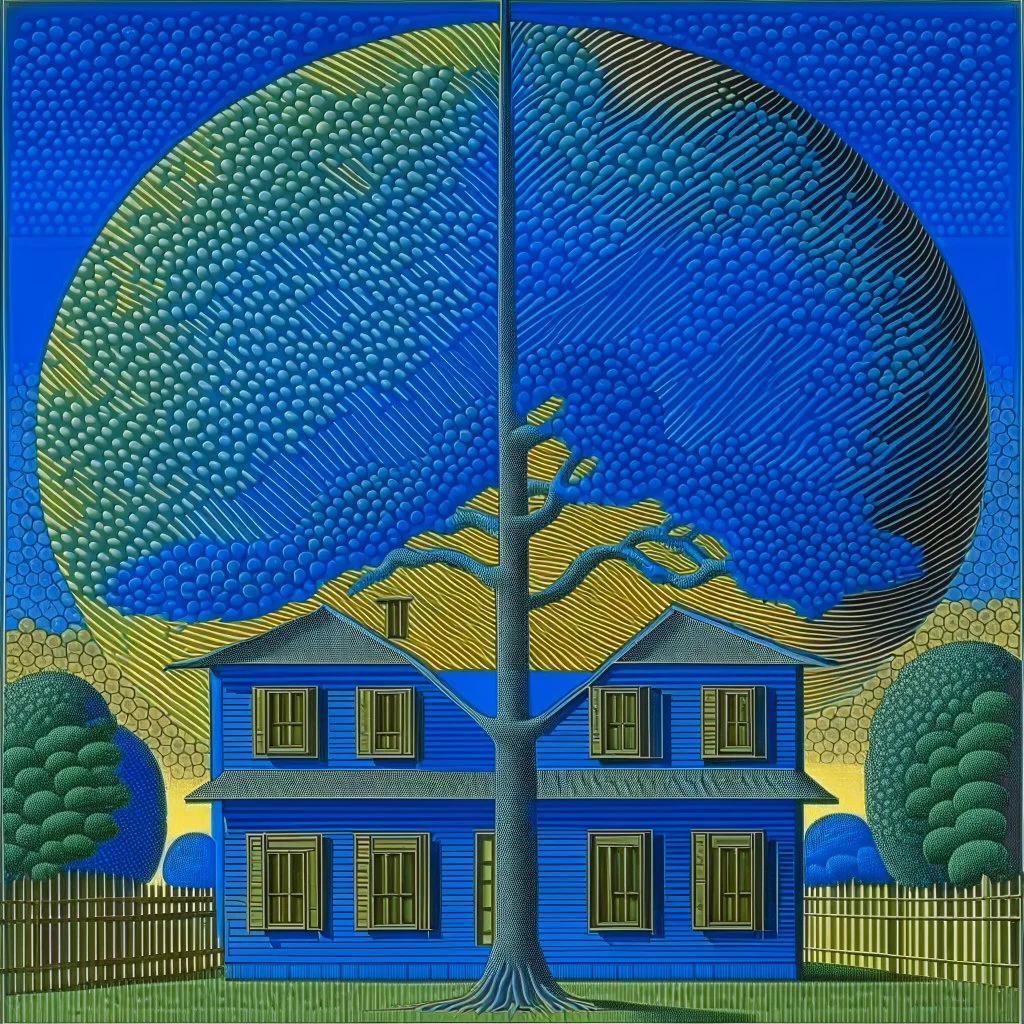 A lone house with trees and a moon René Magritte Max Ernst pointillism decal bas-relief expressionism