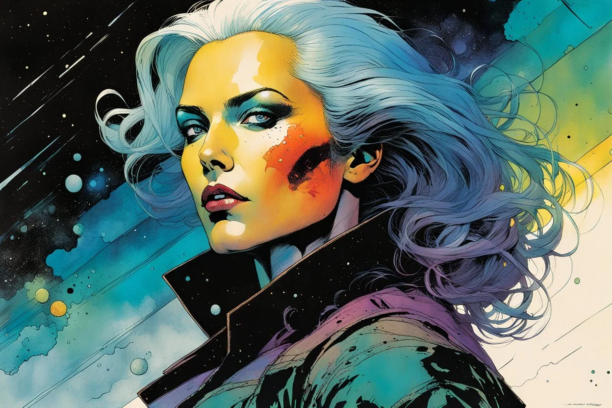 create an imaginative amorphous female interstellar cybernetic pirate with finely detailed facial features, military cut hair, witnessing the destruction of Earth , in the comic book art style of Bill Sienkiewicz, Mike Mignola, and Jean Giraud Moebius, finely textured, drawn, colored, and inked