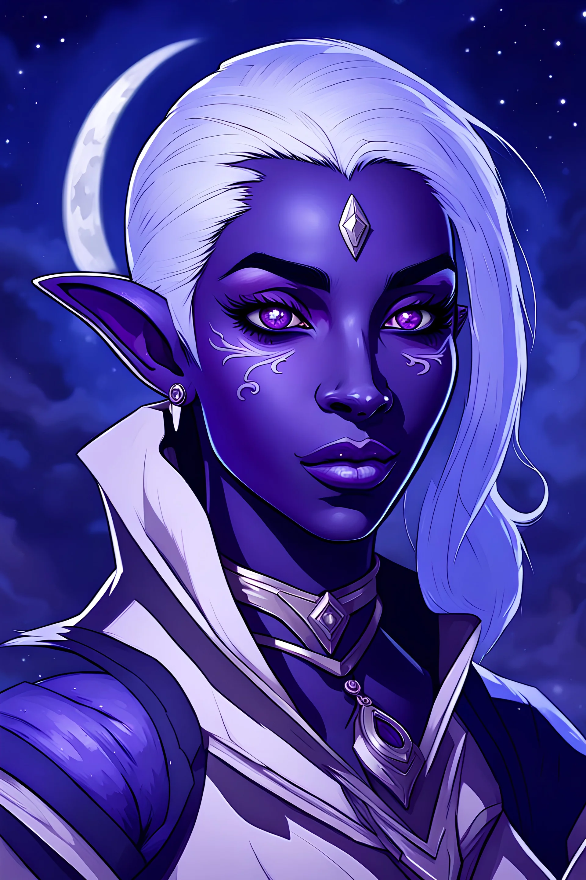 Dungeons and Dragons portrait of the face of a conventionally attractive young adult drow rogue blessed by Eilistraee. She has purple skin and is surrounded by moonlight.