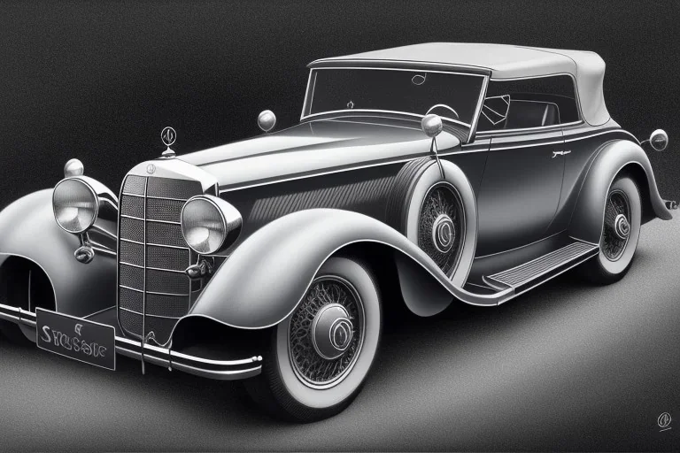 a true-to-life 1930 Mercedes SS Roadster, classic wheels, twin-color finishing, centered, intricate, extreme detailed, photorealism, center view, stylized random background, pivot on mercedes, pen and color marker painting by cheryl kelley