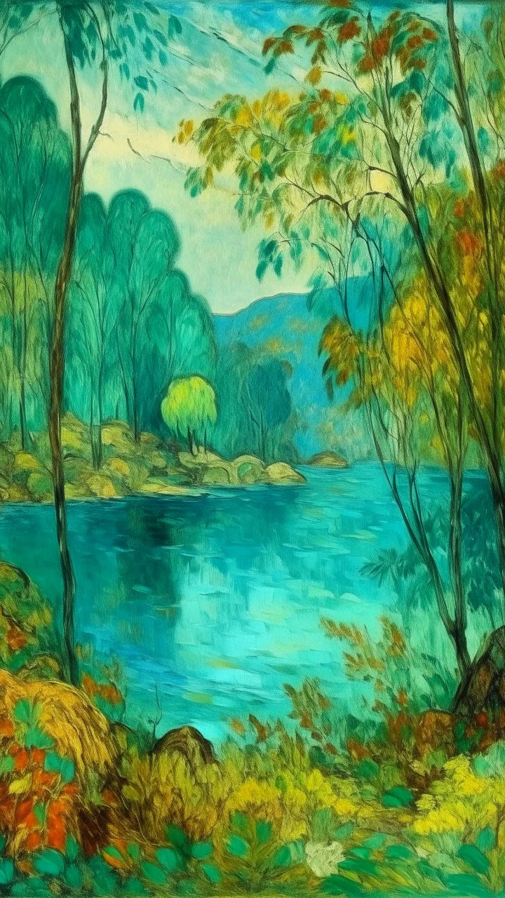 A turquoise jungle with a lake painted by Alfred Sisley, Bruegel painting style