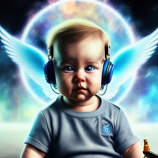 a happy human baby math genius called tobias leander with hair,halo, wings, drinking, sitting in chair, photo realistic spray painting, unified theory background