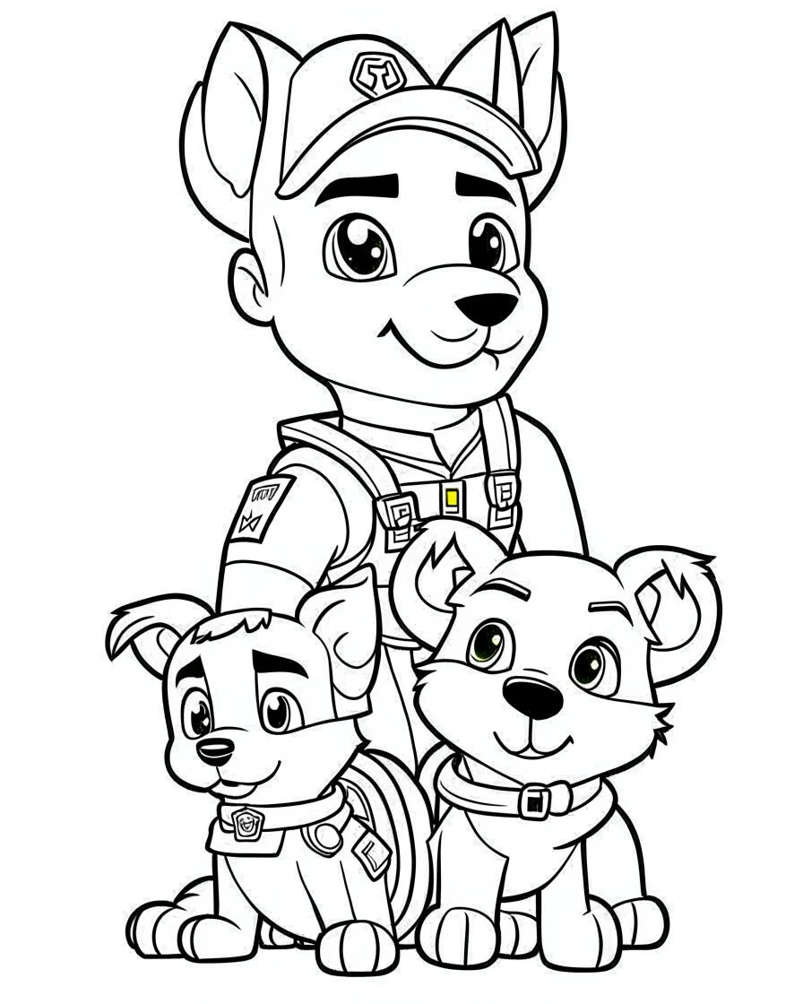 outline art for Paw Patrol and Baby Rubble coloring page, Japanese manga style, cartoon style, cute face, white background sketch style, full body is a must, only use outline, clean line art, no shadow, bold outline