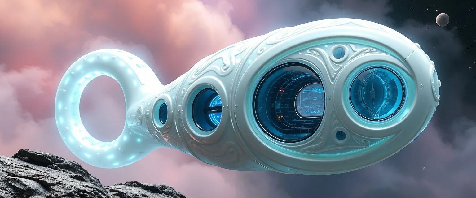 celtic knot hollow tube transparent core ornate indented space ship, shiny bright mega ship snail flourescent white blue like bubble gum with a few big windows and decks, interdimensional twister, rock against colored spaced fog, space interior. split tail,