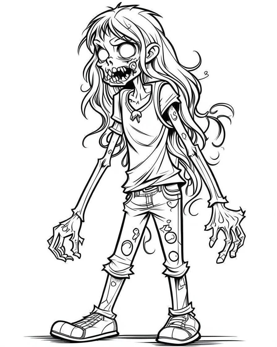 cartoon girl zombie, coloring image, full body (((((white background))))), only use an outline., real style, line art, white color, clean line art, white background, Sketch style