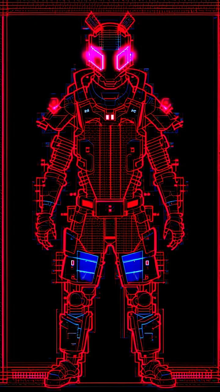 dibujo de contorno de un Samurái negro y rojo con traje cyberpunk full body