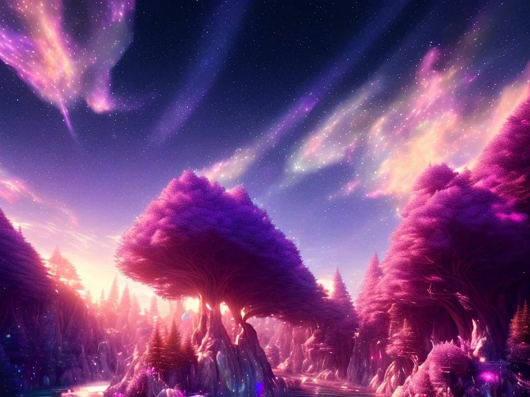 night stars galaxy crystal cosmic and galactic ambiance waterfall hill sky rocks sunset trees pools , full of details, smooth, bright sunshine，soft light atmosphere, light effect，vaporwave colorful, concept art, smooth, extremely sharp detail, finely tuned detail, ultra high definition, 8 k, unreal engine 5, ultra sharp focus