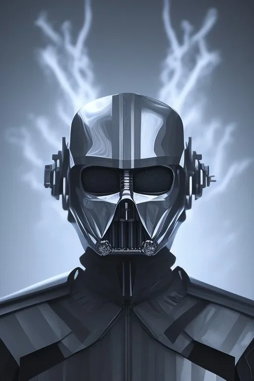 Darkvader All Black dartvader soldier, ghost, wearing high tech mask, white smoke, dark, rage, sorrow, high definition, ultra 8 k, volumetric lighting, blue fire, fog