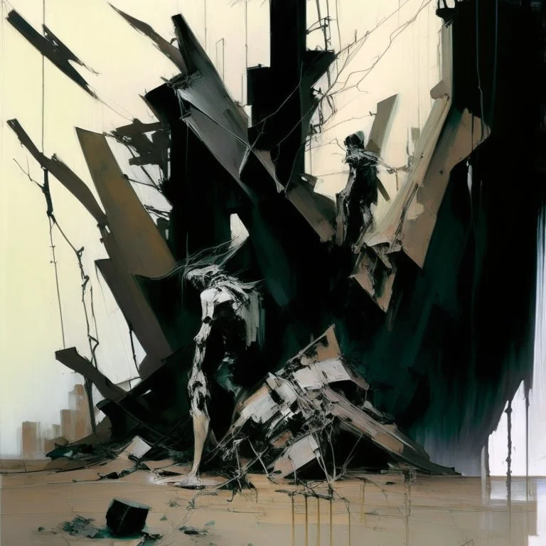 A dark abstract minimalist painting of Lebbeus Woods brutalist concrete twisted bodies. Breaking apart. In a desolate landscape at. In the style of by Ashley Wood and Justin Mortimer. Large oil brushstrokes