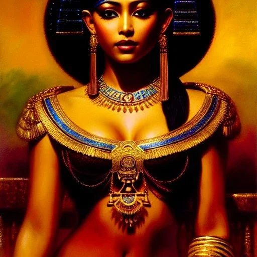 Drawing of beautiful face,busty 'cleopatra',throne,hieroglyphics,balanciaga fashion clothe painting by gaston bussiere, greg rutkowski, yoji shinkawa, yoshitaka amano, tsutomu nihei, donato giancola, tim hildebrandt, oil on canvas, cinematic composition, extreme detail,fit full head inside picture,16k