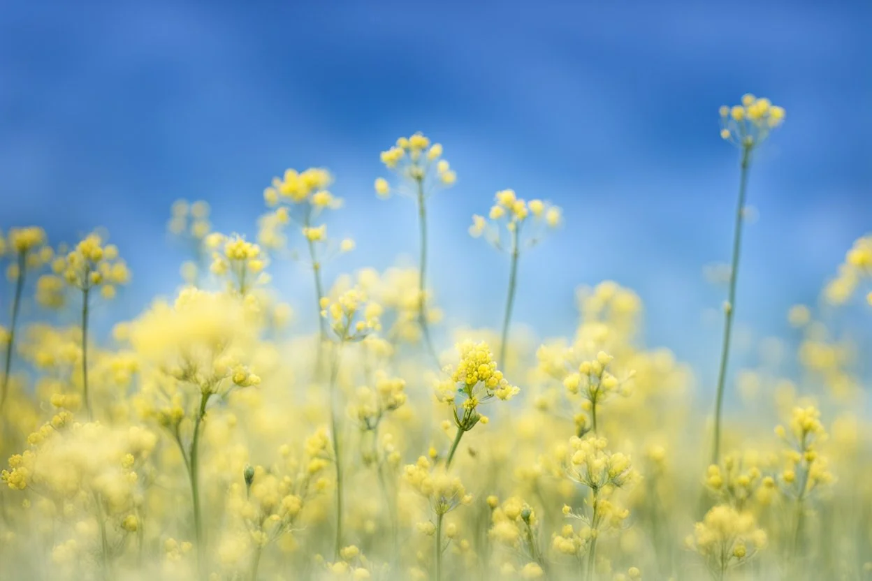 bottom is detailed canola blooming with green stems, top is sky, photography,