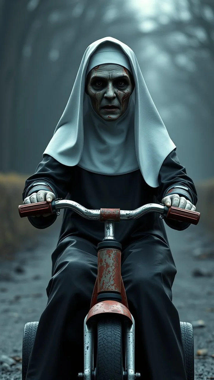 a front view of the Nun from the horror movie, riding a children’s tricycle, his face skin is a rusted broken metallic skin texture in a 3d rendering full-height image of a grim and dark scene. Ensure the final images exhibit the utmost quality, encompassing 4K, 8K, and 64K resolutions, with 3D rendering that manifests in photorealistic, hyperrealistic, and highly detailed representations. Employ techniques such as HDR, UHD,