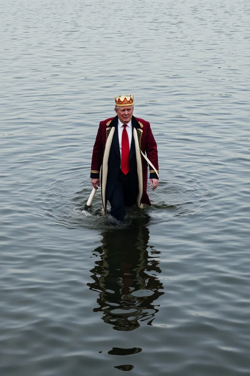 donald trump walking on the surface of water dressed like a king frontal view