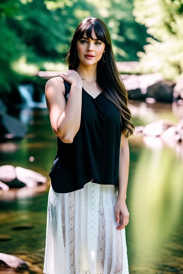 realistic, portrait and full body of a woman standing next to rocky river in country side, beautiful face with nice make up, sunlight, cinematic light, bangs, a beautiful woman, beautiful eyes, brown curved hair, perfect anatomy, very cute, princess eyes , (blue eyes) , nice sport shoes ,Centered image, stylized, life size,8k Resolution, low-cut dress with small blue details, human hands, wonder full, elegant, approaching perfection, dynamic, highly detailed, character sheet,