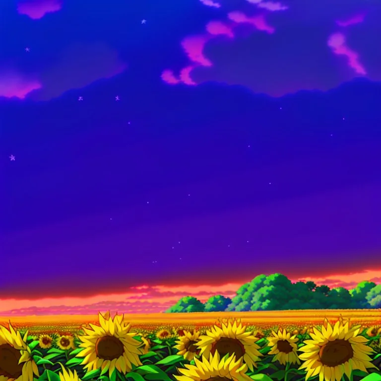 purple sky full of stars, sunflower field, floating ruins of an asian village, anime, high res, makoto shinkai