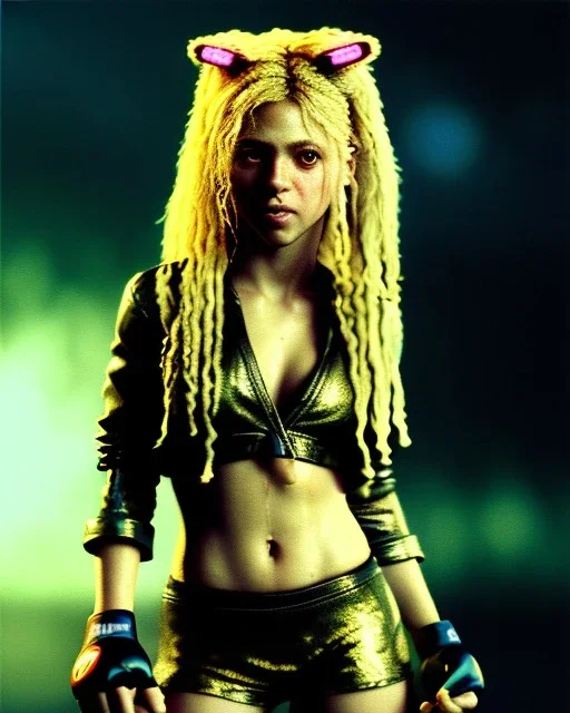 portrait, Shakira, blonde artist, angry, Realistic image, MMA robe, hoodie, mma gloves, band aid, loose long hair, eyes make up, line gold make up, glow, circle iris. Rain, fog, Neon colors, leds. Dark background, photo studio, concept art, smooth, unreal engine 5, god lights, ray tracing, RTX, lumen lighting, ultra detail, volumetric lighting, 3d, finely drawn, high definition, 4k.