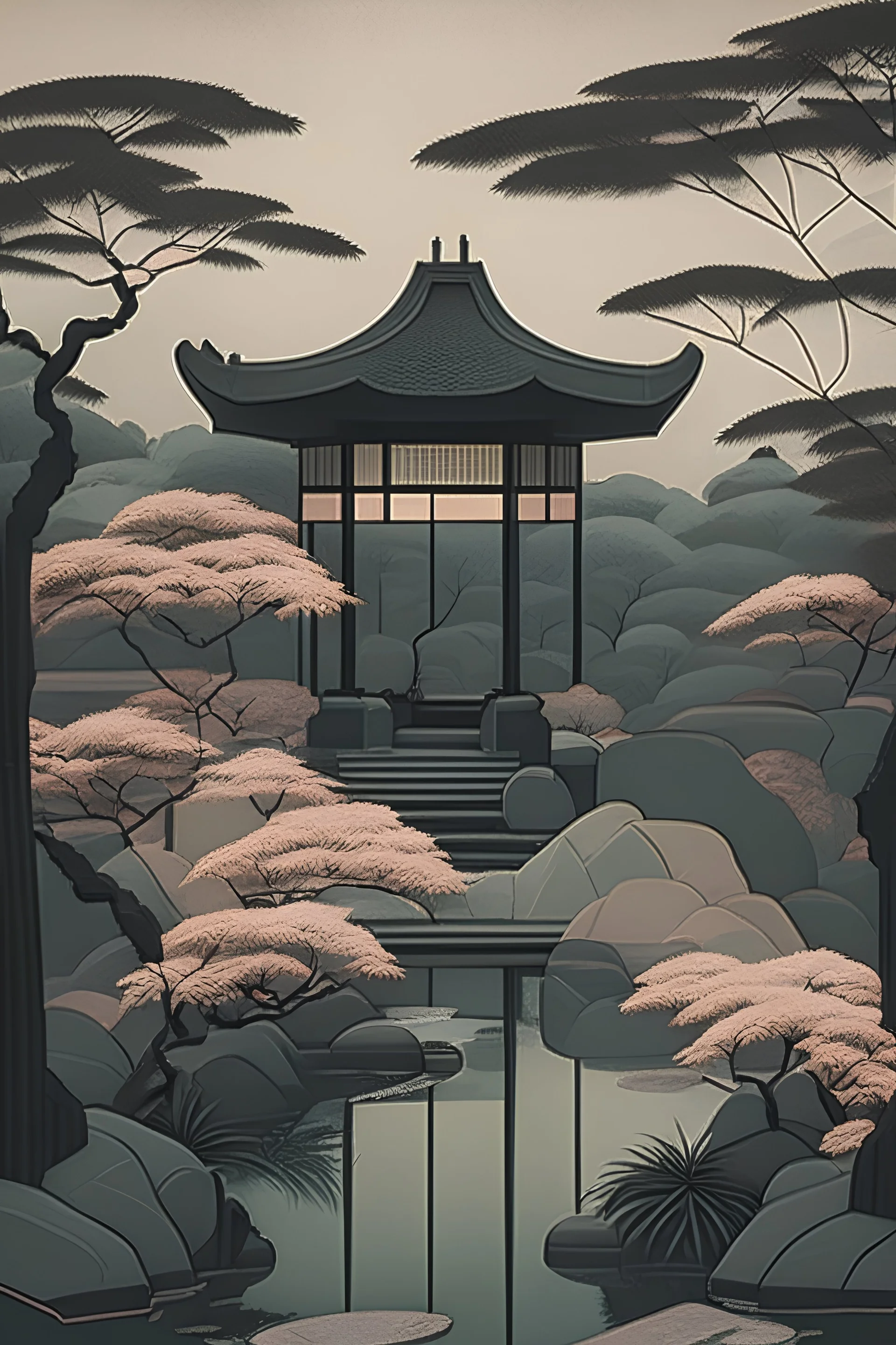 Somber Japanese garden in art deco style