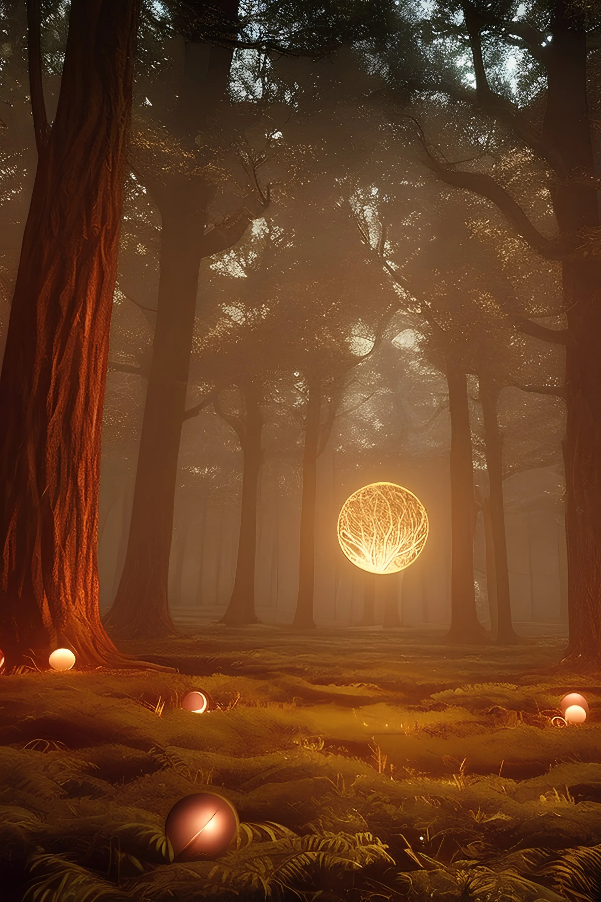 a beautiful magical thick forest at night with gold glowing orbs in the air