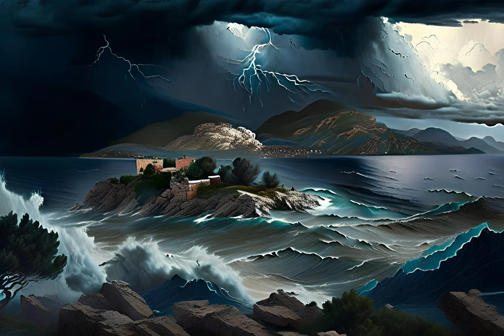 landscape, Greece, detailed, storm at see