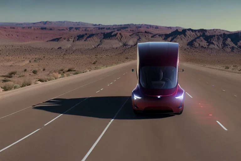 A Tesla 'Semi' (semi truck) is going at a high speed, in the Mojave Desert. (CINEMATIC, WIDE ANGLE LENS, PHOTO REAL)