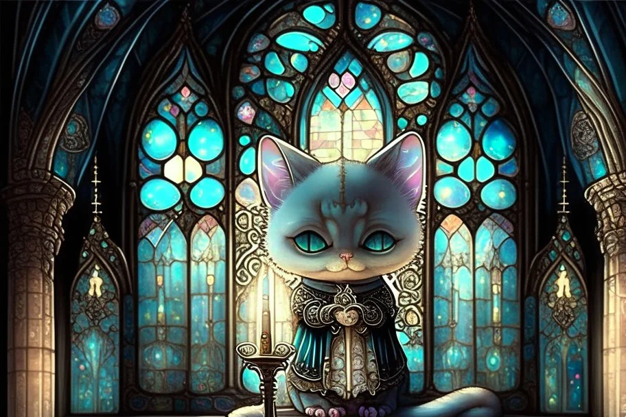 Cute chibi antropomorphic bioluminescent cat priest in a gothic church, tiffany glass windows extremely detailed intricate very attractive beautiful high definition crisp quality Nicoletta Ceccoli Catrin Welz-Stein Meghan Duncanson Dee Nicerson Naoto Hattari