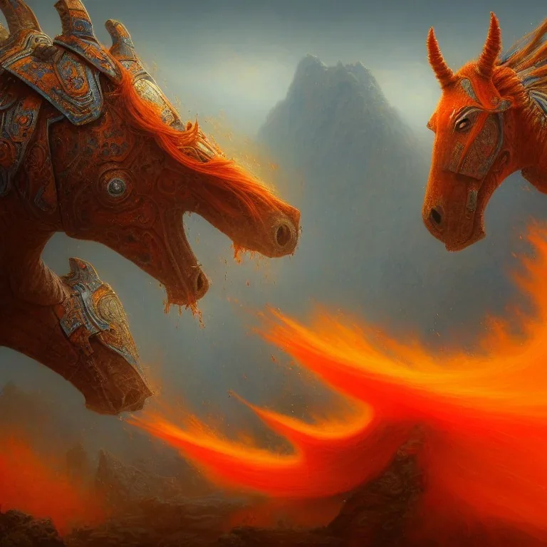 angry horse in orange and blue battle armor, a highly detailed illustration, background of Inka jungle, realistic render, 8 k, micro detail, intricate, elegant, centered, digital painting, Artstation, smooth, sharp focus, illustration, artgerm, tomasz alen kopera, peter mohrbacher, donato giancola, joseph christian leyendecker, wlop, boris vallejo