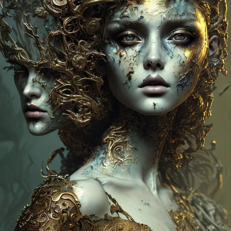 papercut 3d portrait of young woman, dark fantasy, beautiful, dark eyes, dark make up, streaks of paint, paint blobs and smears, paint powder, textured, bronze, molten metalics, wild hair, high definition, octane render, 8k, backlit,