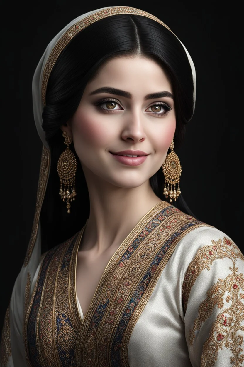 persian ghajar girl (young woman pale skin)), dark background, mid shot, full body, happy expression, looking down, ultra realistic, highres, superb, 8k wallpaper, extremely detailed, intricate, limited palette,