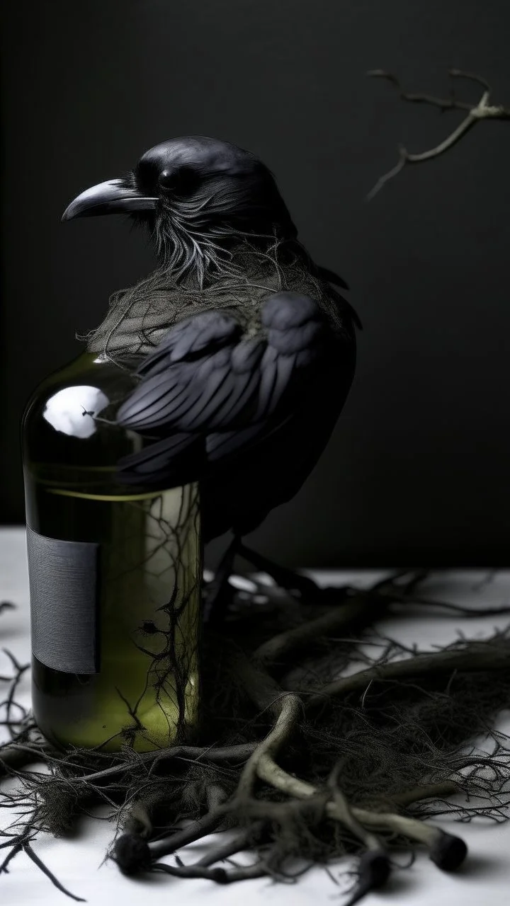 black vein, human veins, mixing together a lot of them, like a forest, big and small veins a lot of them, a crow standing an alcohols bottle