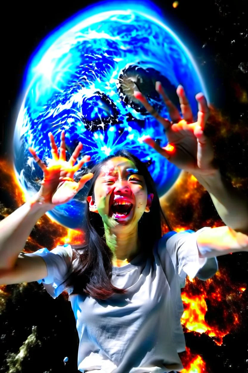 An image of a young Korean woman with a eyes closed expression happy, holding her hands up as if she is reacting to a catastrophic event in front of her. Film, cinematic, realistic, extreme depth of field, She is wearing a white blouse with detail, blue shorts, and sunglasses pushed up onto her head. In front of her, there is a highly detailed planet resembling Earth, dramatically cracking and breaking apart with fiery explosions and molten lava visible at the fractures.