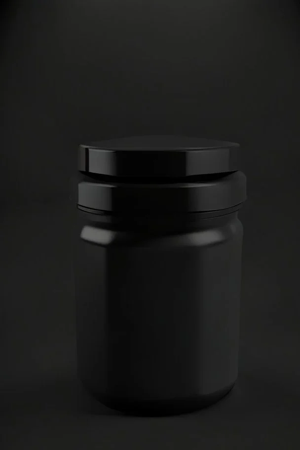 black container, plastic, realism, with screw lid, no labels, round container, view from the front, protein powder, dark studio setting, black background, body of the container is wider thand the top part