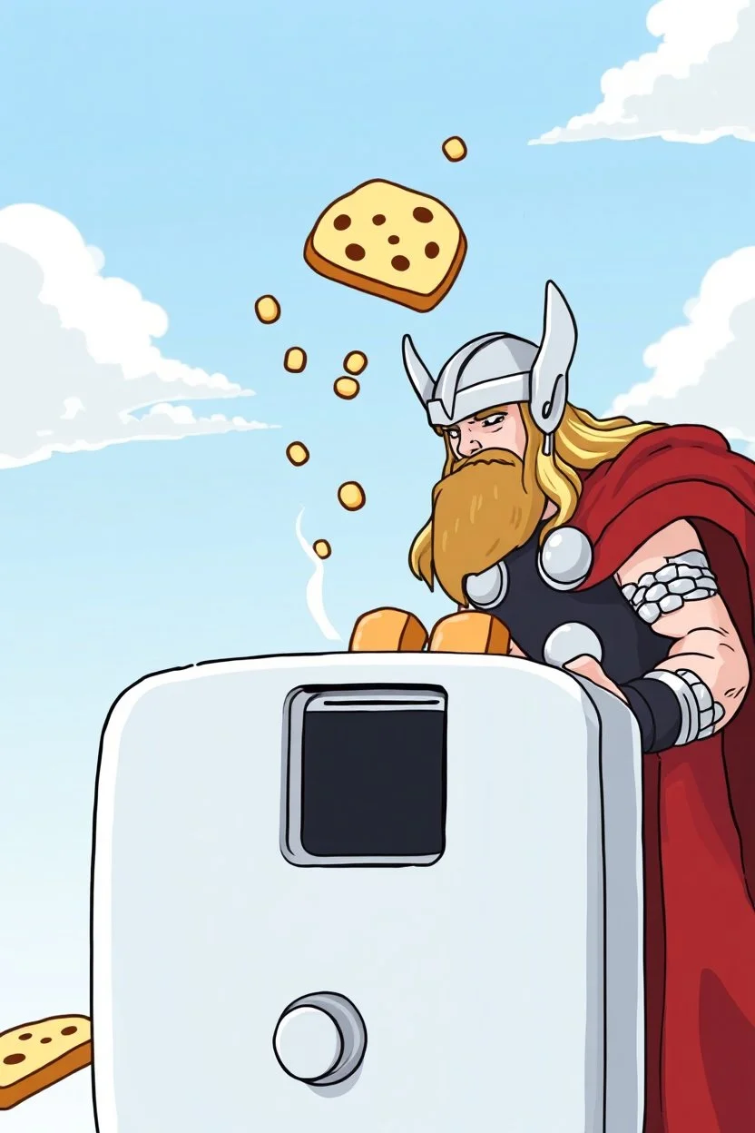 The mighty God Thor sees the toaster spit out some bread. The bread is jumping over his head.