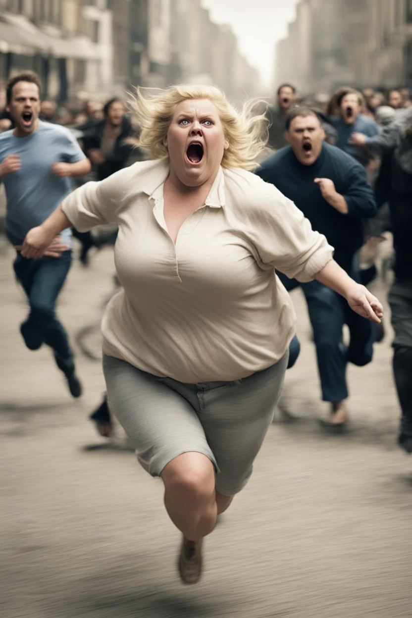 an obese terrified blonde woman running away from an angry mob