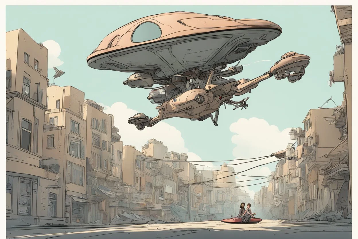 young woman astride a large hoverbike, with no wheels, floating on an alien street