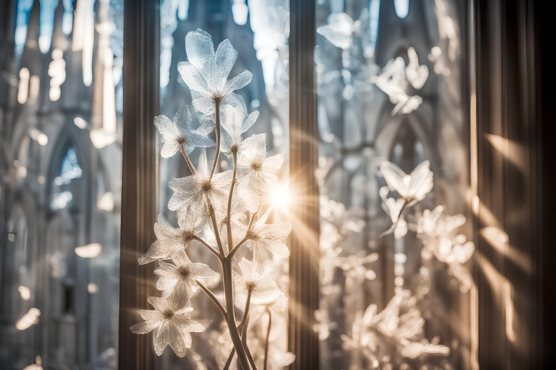 double exposure, sagrada familia barcelona, ice flowers on a window in sunshine, backlit, ethereal, cinematic postprocessing, bokeh, dof