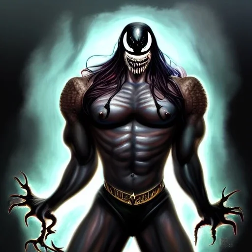 ultra detailed fullbody portrait of beautiful she-venom , extremely detailed digital painting, extremely detailed face,crystal clear eyes, in the style of robert e howard and pablo oliveira and Ken Kelley and Keith Parkinson ,mystical colors,perfectly centered image, perfect composition, rim light, beautiful lighting,8k, stunning scene, raytracing