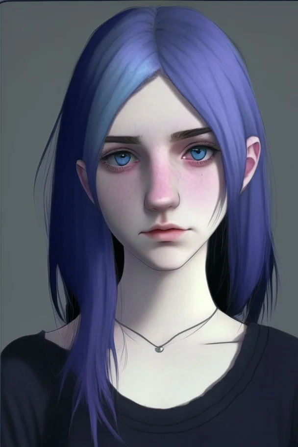 Realistic female teenager with pale skin, big grey eyes, blue and purple shoulder length hair, round face, prominent collarbones, black clothing