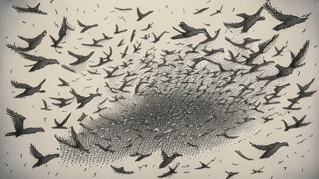 handmade drawing of a swarm of birds in the sky