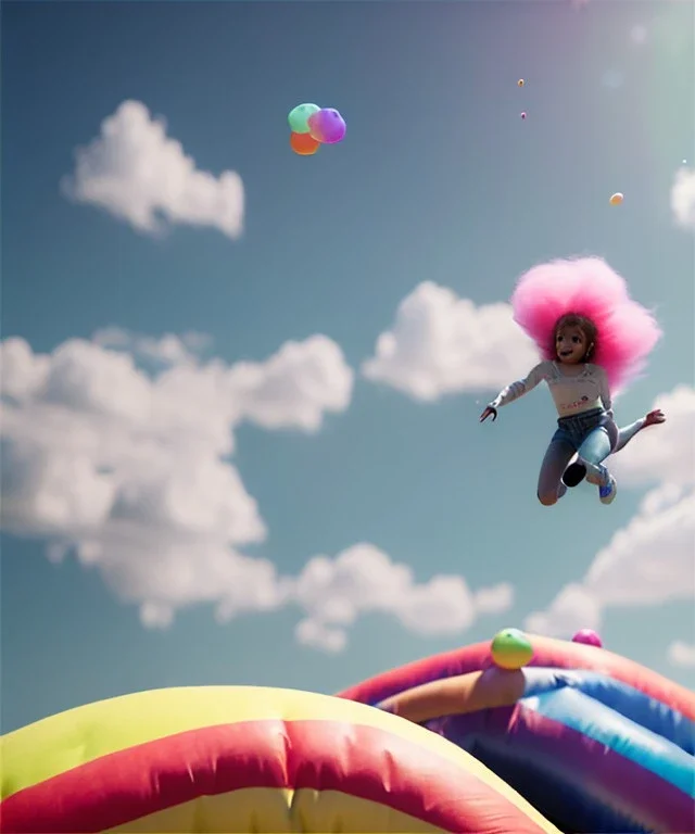 Ultra realistic speed clouds sky scene, wide angle view, sweet childs falling down, inflatable color clothing, free jumping flying, many trinkets, hair monster, many jelly beans, balls, color smoke, smile, happy, circus style, extreme, wind, clouds sea, 20,000 feet altitude, stratosphere, soft color, highly detailed, unreal engine 5, ray tracing, RTX, lumen lighting, ultra detail, volumetric lighting, 3d, finely drawn, high definition, high resolution.