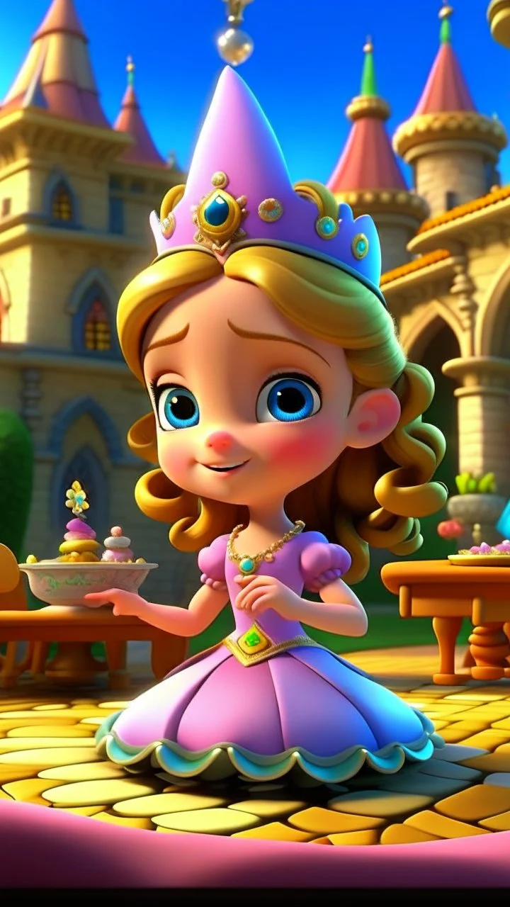 With ribbons and bows, and a table so neat, She readies the castle for a magical feat. The aroma of tea, in the air, starts to twirl, As Princess Penelope invites every boy and girl. , cartoon,3D