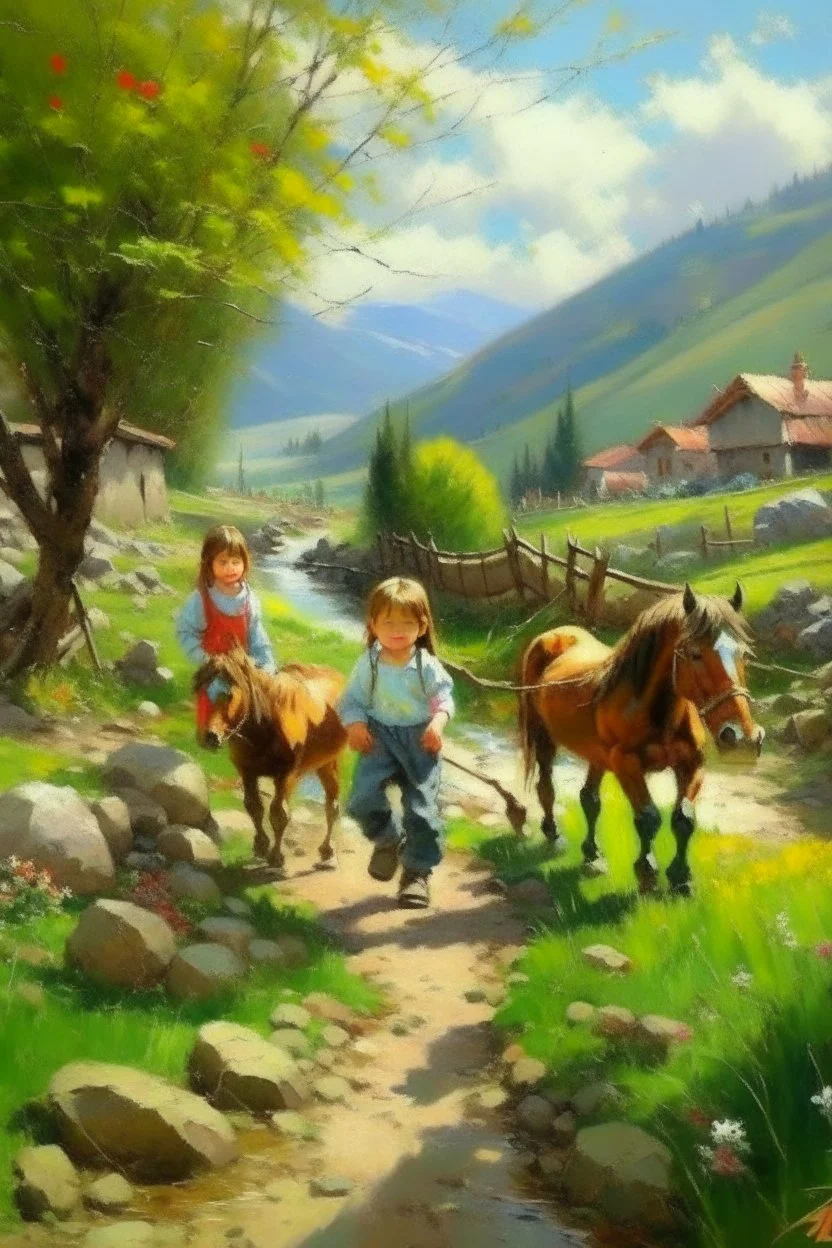 Spring in skåbu, sun, portrait of cute children walking in mountains by stream, horse, broken old tractor, prize winning oil painting