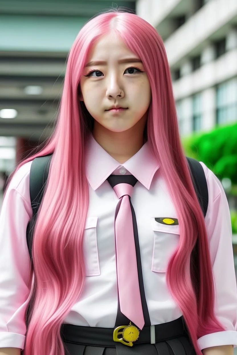 woman with long pink hair in school uniform