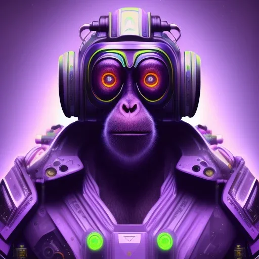 A beautiful portrait of a cyborg monkey purple neon color scheme, high key lighting, volumetric light high details psychedelic background