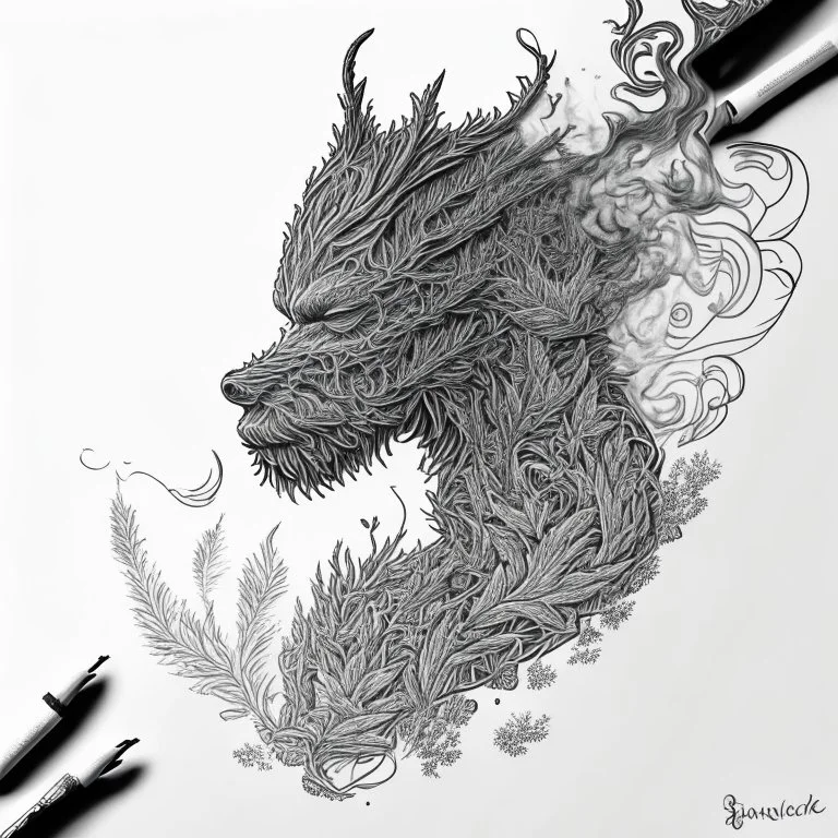 Pencil Sketch a composition where smoke transforms into a mythical creature, intertwining with intricate patterns formed by crushed weed leaves, creating a visually captivating and balanced artwork.