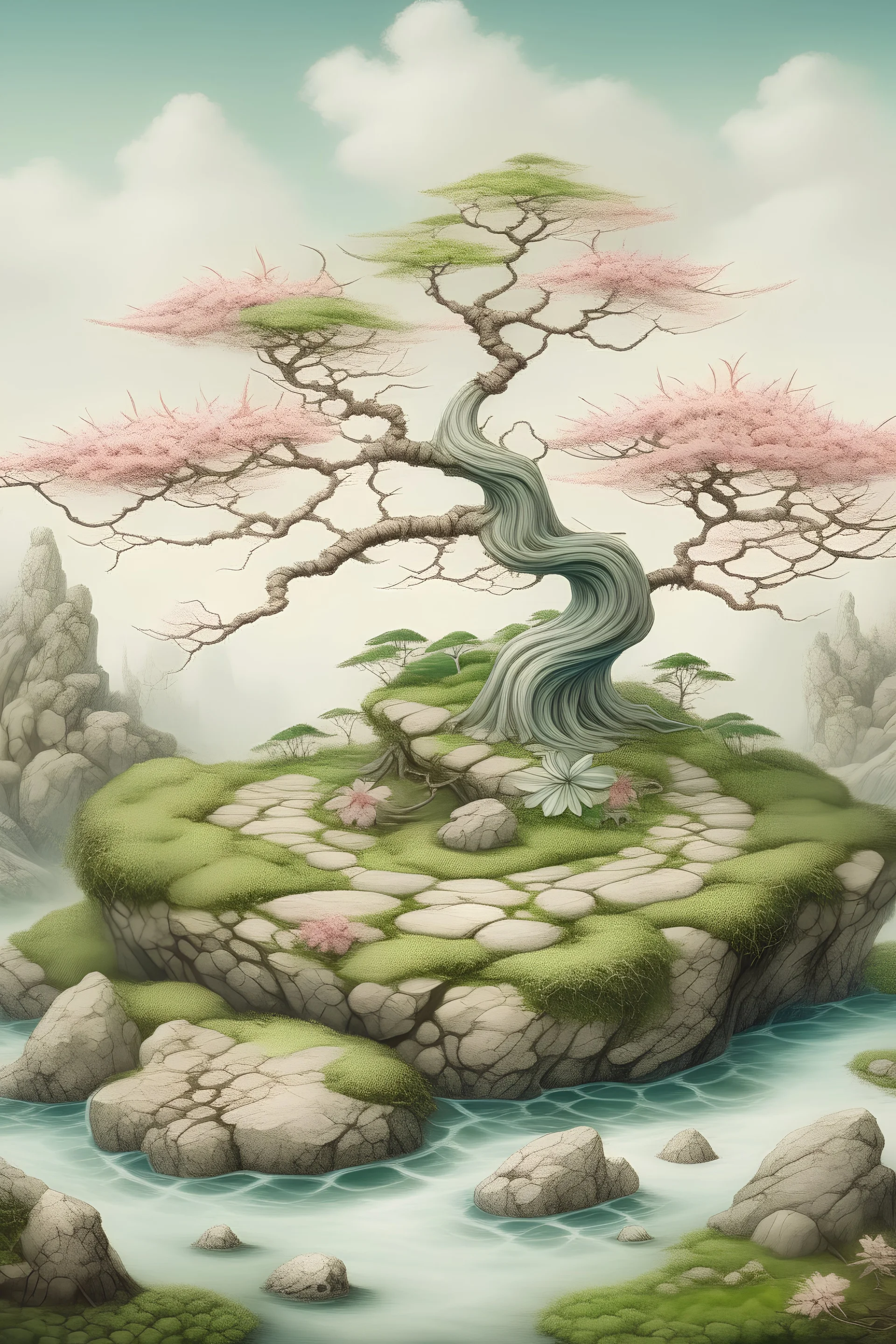 Japanese painting of a zen garden with moss covered stones and a twisted blooming tree in the middle, in the style of Sumî-e, pastel colours