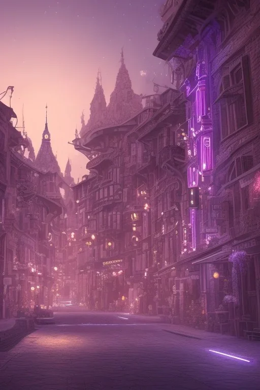 Hunted little town in purple and blue coloristic aura at night